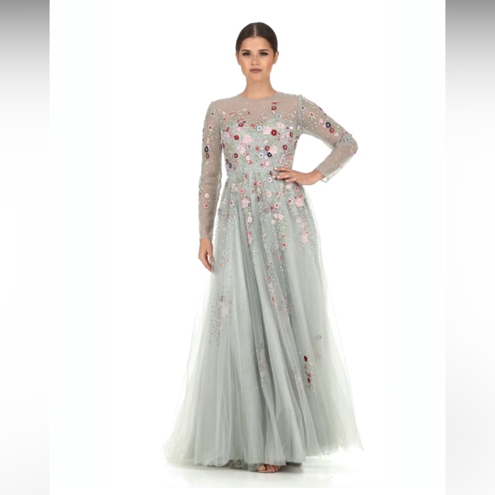 Mac Duggal Embroidered Illusion High Neck Long Sleeve A Line Gown 11241